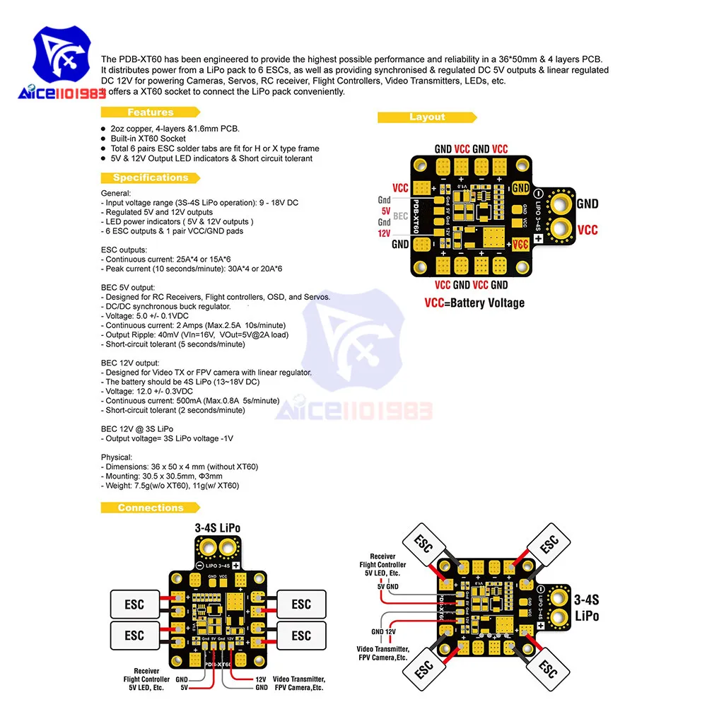 Мини концентратор питания diymore PDB XT60 распределительная плата соответствует BEC 5