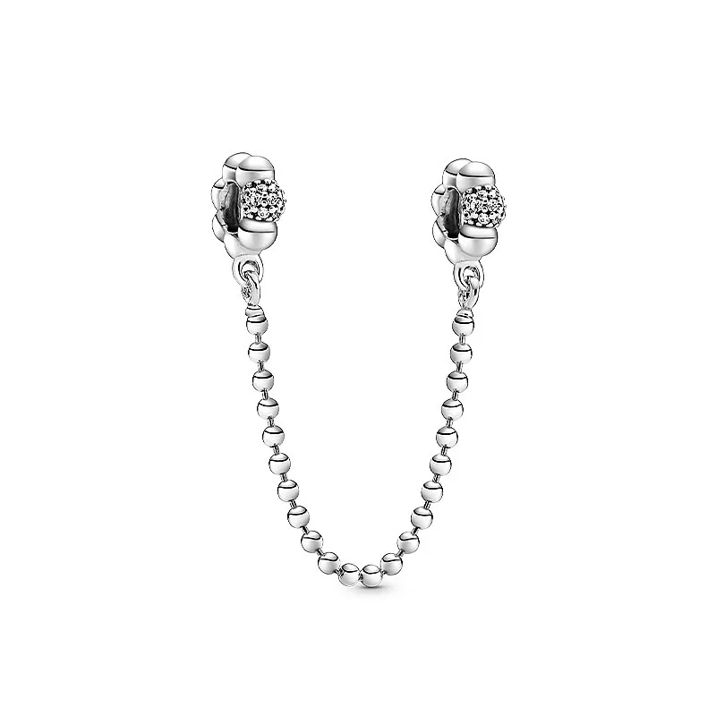 

100% 925 Sterling Silver charm Beads crystal Pave Safety Chain Charm Fit Fashion for Women Logo Bracelet Bangle Gift DIY Jewelry