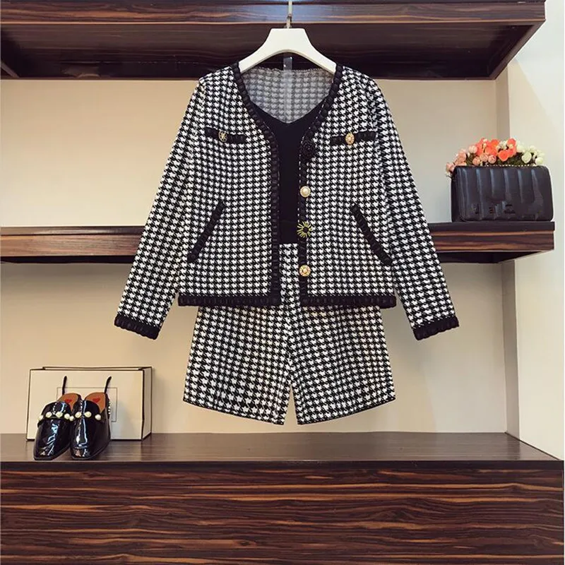 Повседневный винтажный вязаный костюм с шортами гусиные лапки новинка на осень и