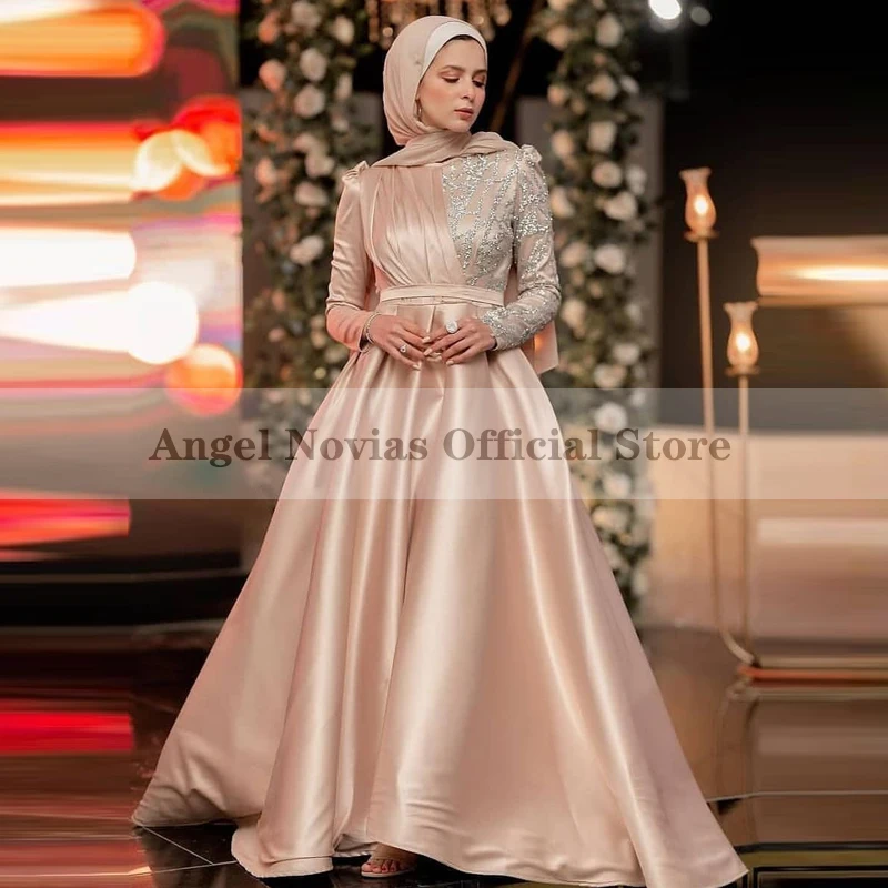 

Long Sleeves Champagne High Neck Muslim Evening Dress Satin Formal Women Prom Dress Robe De Soiree Long