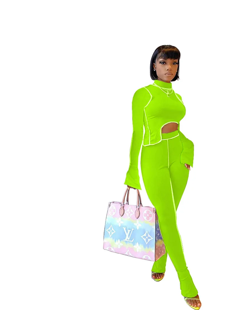

Cutubly Long Sleeve Women Set Solid Patchwork Two Piece Set Irregular Tops Stacked Flare Pants Suit Tracksuit Fitness Outfits