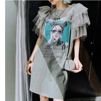 summer new women high street long tees ladies print sequined ruffles flare sleeve casual tees party tops nice tdresses ns222