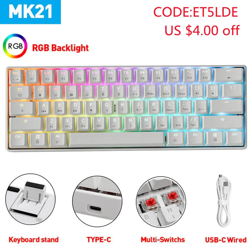  MK21 61 клавиша механическая клавиатура USB-C Проводная RGB Подсветка игровой ПК Компьютерная клавиатура красный/синий/коричневый/черный пе…