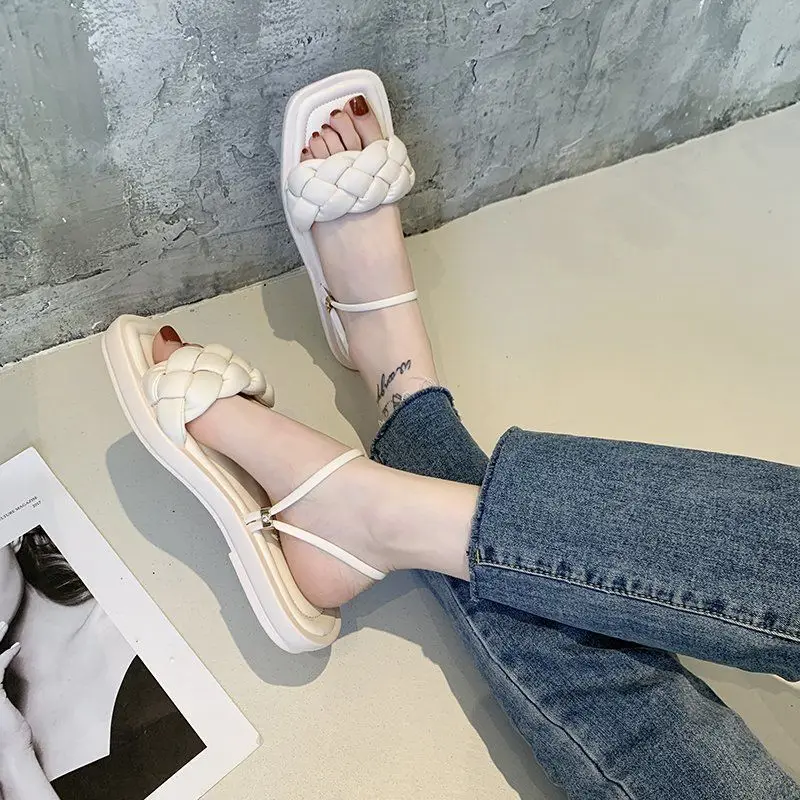 

Square head slippers for women's wear new summer 2021 knitting casual versatile flat bottomed sandals for women