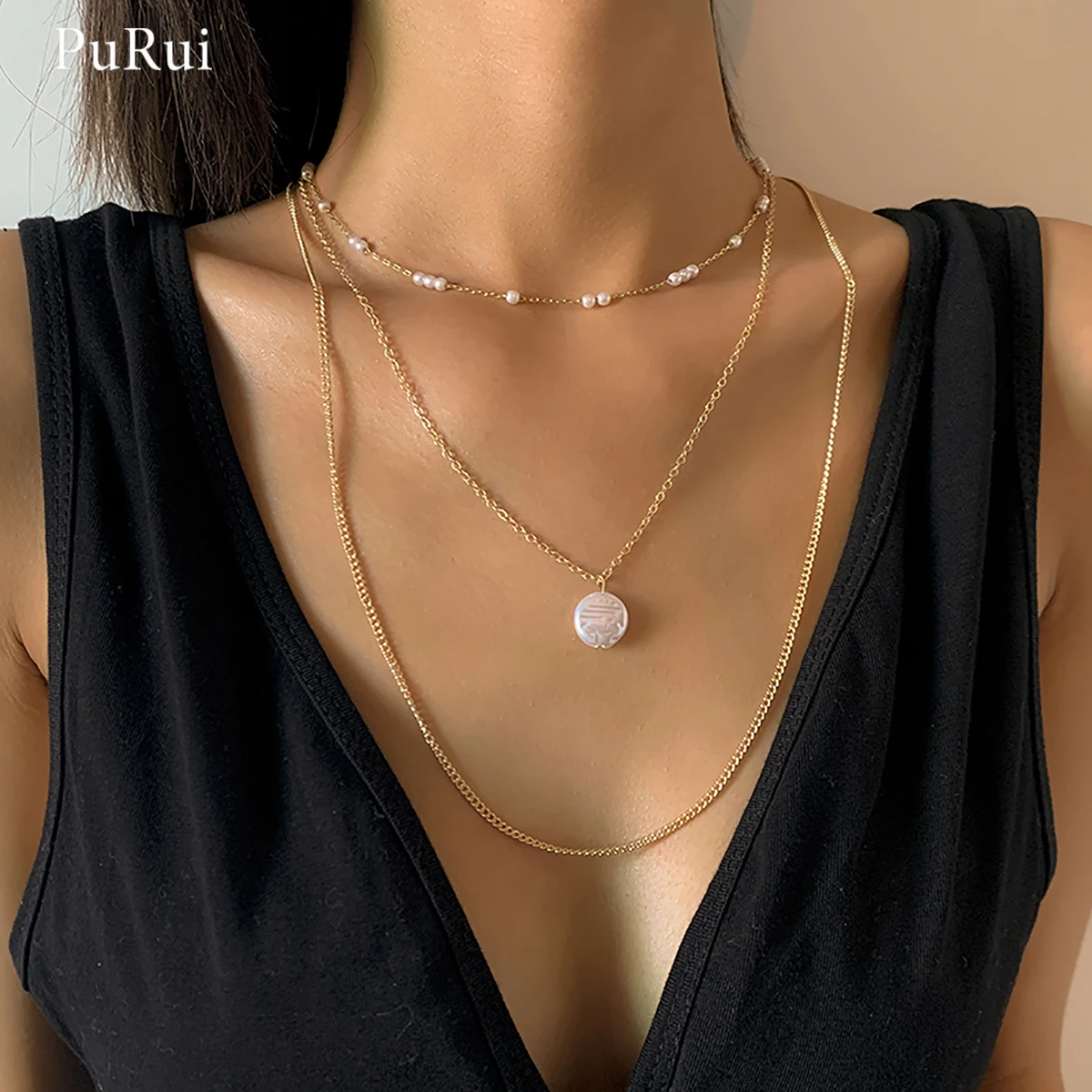 

PuRui Layered Chain With Pearl Pendants Necklace for Women Fasion Gold Color Pearl Choker Necklaces 2021 Trendy Jewelry for Neck