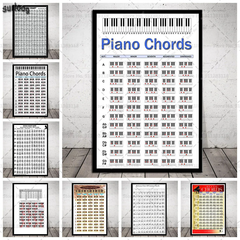 Wall Art постер фортепиано аккорд Ключ Музыка Графический упражнения гитары