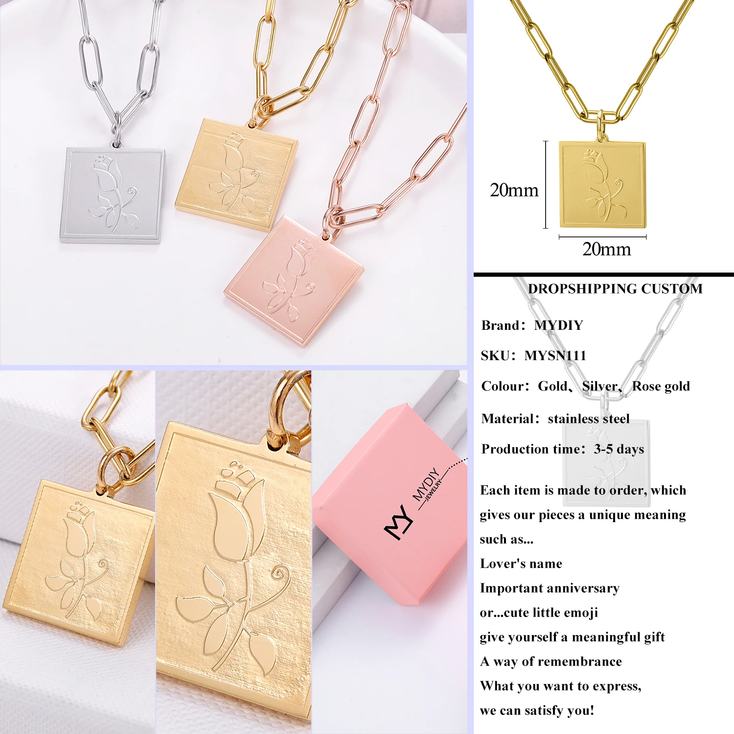 MYDIY модное ожерелье из нержавеющей стали с квадратной розой для женщин цепочка до