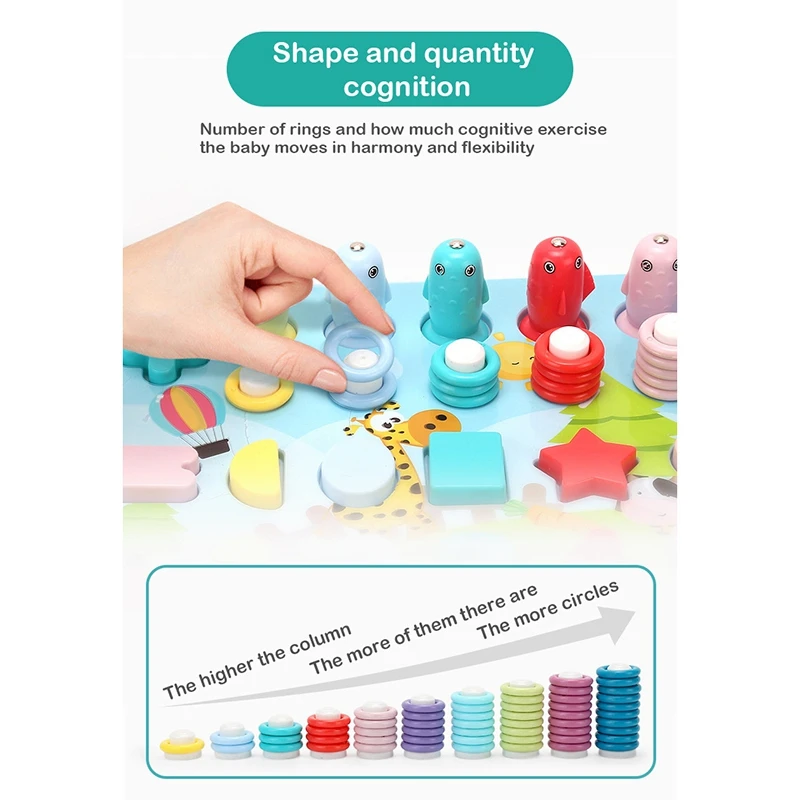 

Educational Wooden Toys Children Matching Board Math Fishing Children's Wooden Toy Counting Geometry Shape Match
