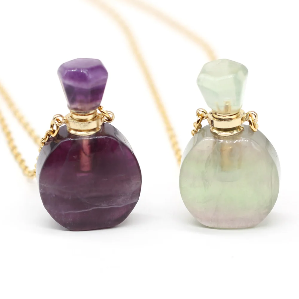 

Natural Perfume Bottle Crystal Stone Pendant Necklace Fluorite Amethysts Essential Oil Diffuser Charm Copper Chain Jewelry Gift