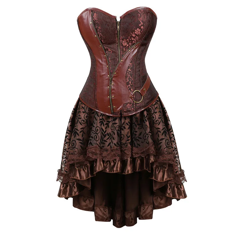 

steampunk corset dress women victorian leather pirate overbust bustiers corsets skirts set party exotic fashion plus size brown