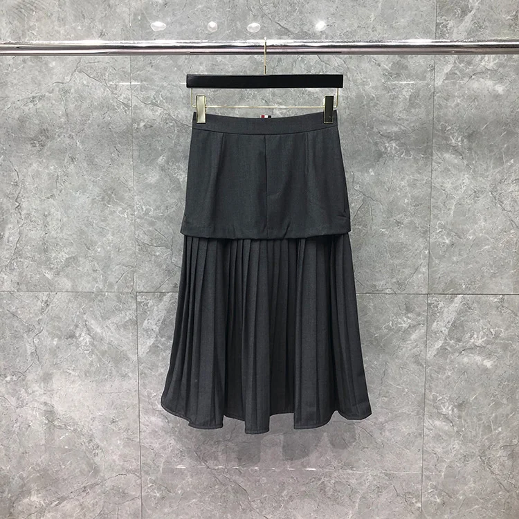 

Женская двухслойная плиссированная юбка Thom, повседневная облегающая Однотонная юбка в полоску, до середины икры, весна-осень, 2021 ТБ