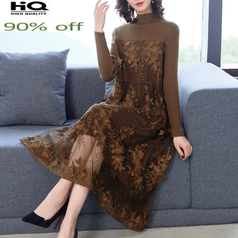 

Высококачественное трикотажное женское кружевное платье-миди, женские корейские повседневные платья для женщин с длинным рукавом, весна-осень 2022 Pph3124