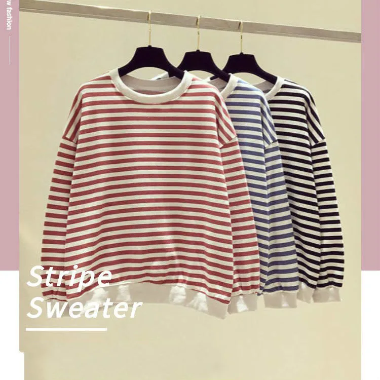 

Strip Stretchy Sweatshirt Drop Shoulder Jumper Women Fashion Spring Fall Hoodie O-neck Pullovers Black White Loose Girls Tops