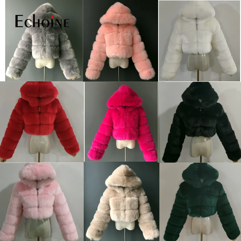 

Echoine New Winter Women Hooded Faux Fur crop Jacket Furry Cropped teddy Coats manteau Jackets Fluffy Top Coat Plue size 8XL