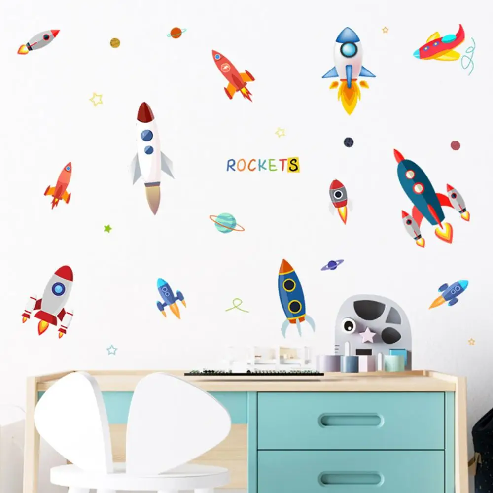 Rocket Ship Astronaut Creative Vinyl Wall Sticker For Boy Room Decoration Outer Space Decal Nursery Kids Bedroom Decor | Дом и сад