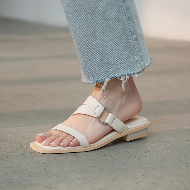 

Fashion Summer Slipper Female Genuine Leather Shoes Woman 2021 Newest Party Casual low square Heels Sandals
