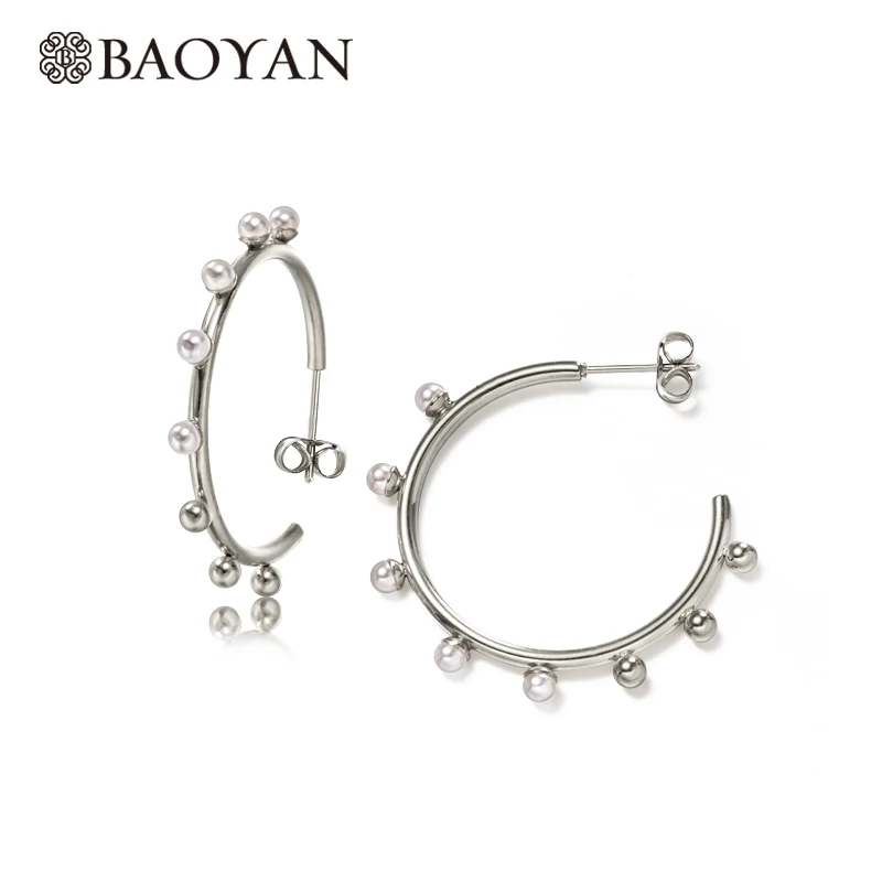 Silver Plated Baoyan, круглые жемчужные серьги из нержавеющей стали, розовое золото/серебро/позолота, маленькие круглые серьги-кольца для женщин, модное ювелирное изделие - Окраска металла: Silver Plated