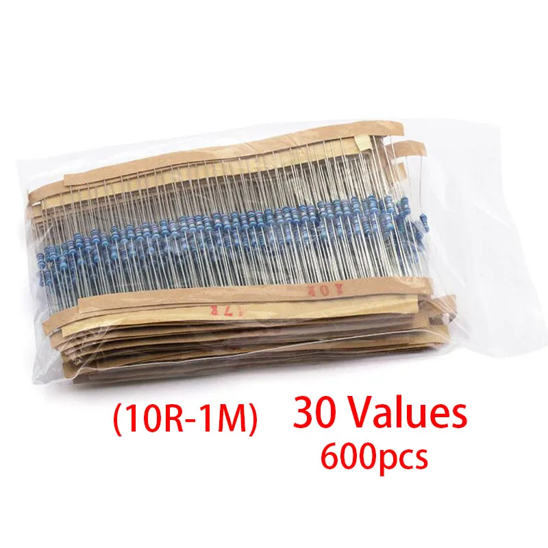 

30 Kinds 1% 1/4W Metal Film Resistor Assorted Kit 30 Values each value 20pcs total 600pcs (10R-1M)