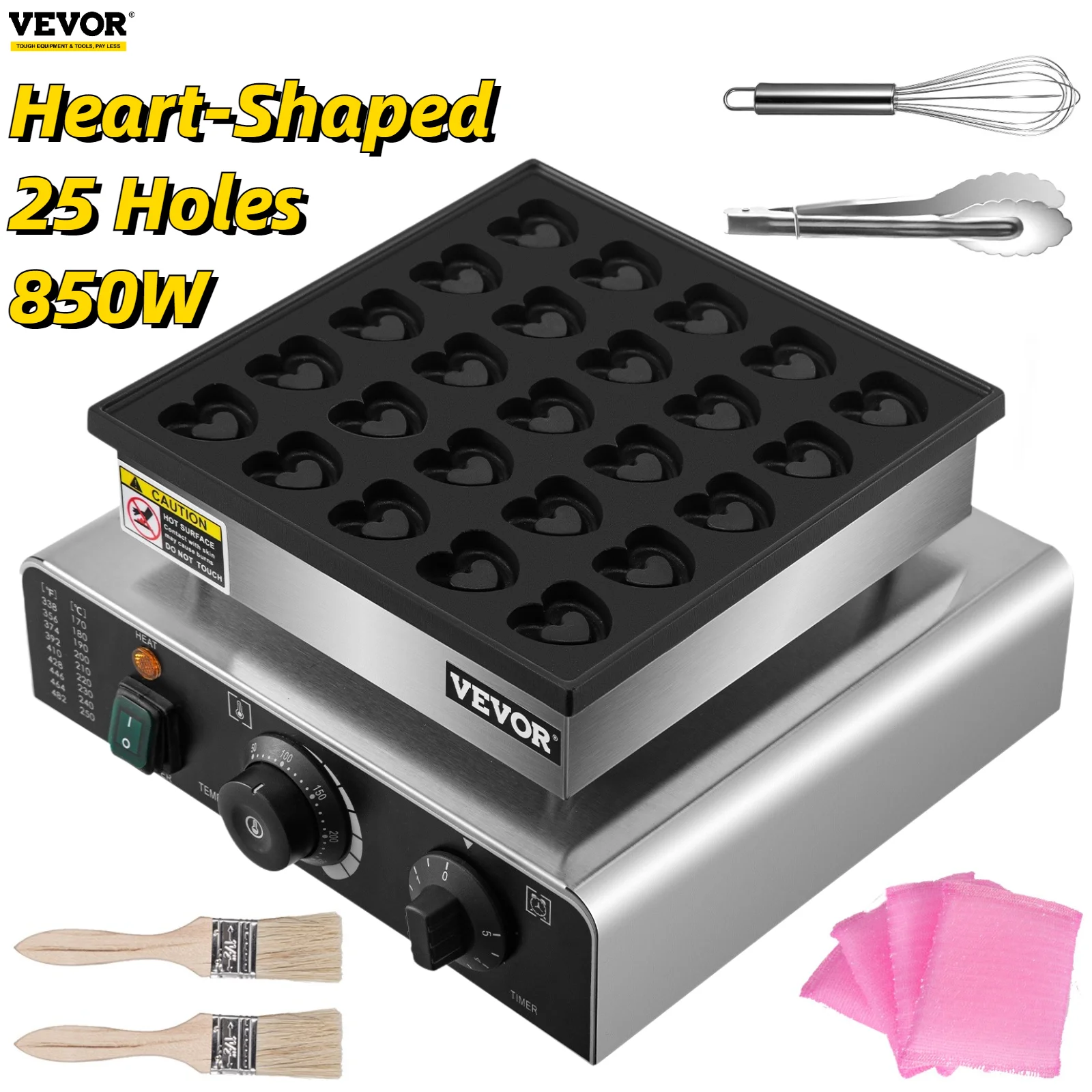 

VEVOR 25 Holes Mini Dutch Pancake Machine Stainless Steel Heart-Shaped Poffertjes Pan Grill Non-Stick 850W Electric Muffin Maker