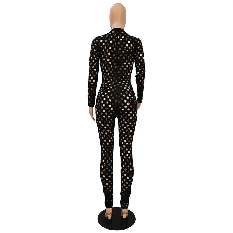 2021 Women Sexy Solid Hollow Out Jumpsuit Front Zipper Long Sleeve Skinny Romper Slim Night Club Overalls Fashion One Piece