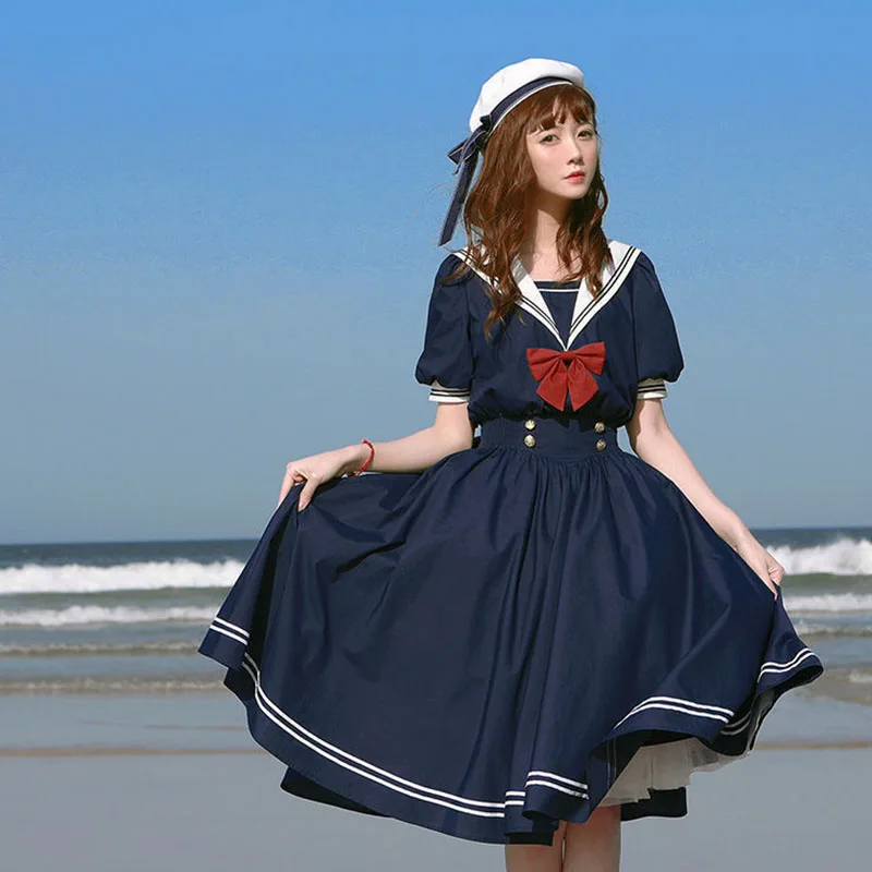 

2021 Harajuku Sailor Collar Dress Japanese Lolita Sweet Bow-Knot Girl Retro Kawaii Preppy Style Wild Short Sleeve Dresse`s Women