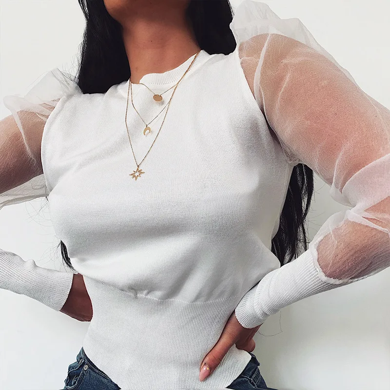 Fall women Knitted Jumper organza long sleeve Ruff Sleeve Sweater Pullover Knitwear top 2019 Pull Femme black | Женская одежда
