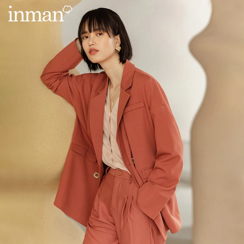 INMAN/весенне осенний однотонный двубортный костюм с карманами и лацканами