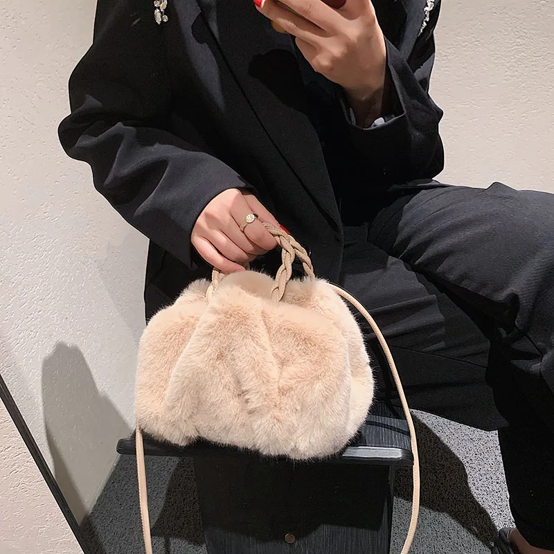 RIGHTSIDE Rope Handle Faux Fur Small Totes for Women Winter Designer Crossbody Bags Travel Branded Trendy Shoulder Handbag