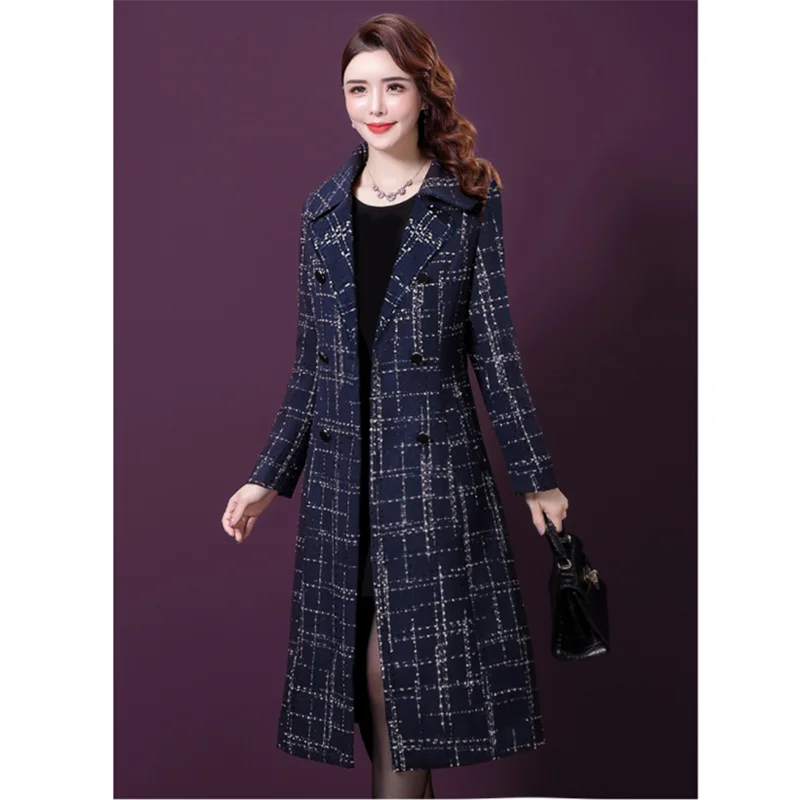 Женское длинное зимнее шерстяное пальто в шотландскую клетку элегантное модное