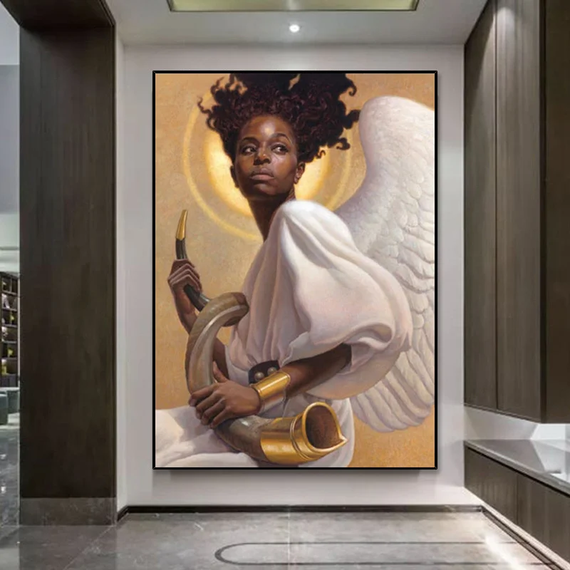 

Golden Angel Decorative Interior Painting African Black Girl Poster Wall Art Canvas Print Picture for Living Room Home Decor