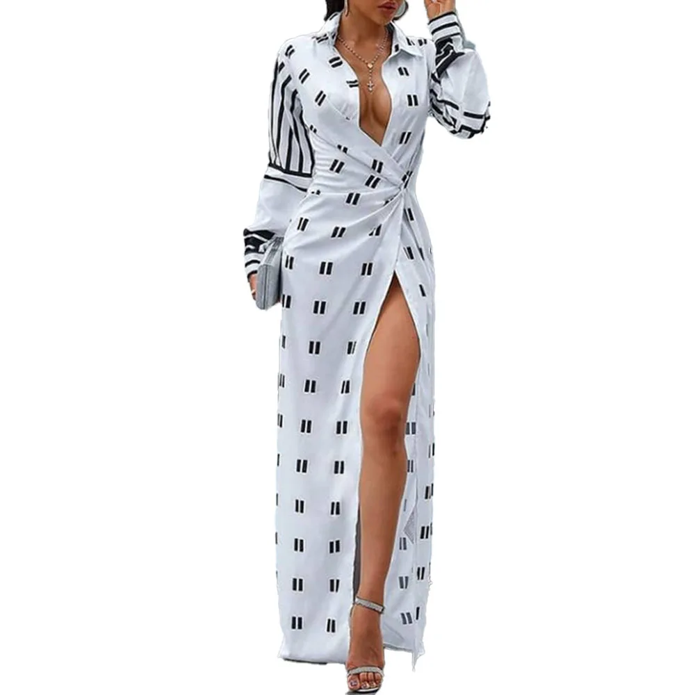 

Summer New African Sexy Split Fork Printing Slim High Waist Long Women's Dress Fashion Casual V-neck Long Sleeve 2021