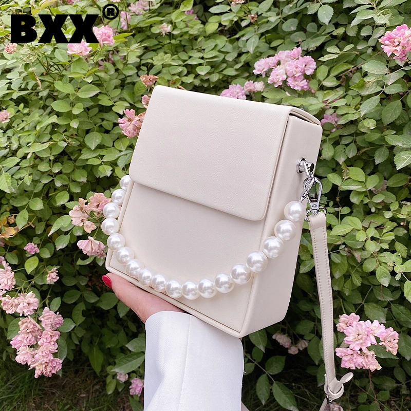 

[BXX] Pearl Chain PU Leather Bags For Women 2021 Autumn Fashion Branded Crossbody Shoulder Hand Bag Lady Trend Handbags HU111