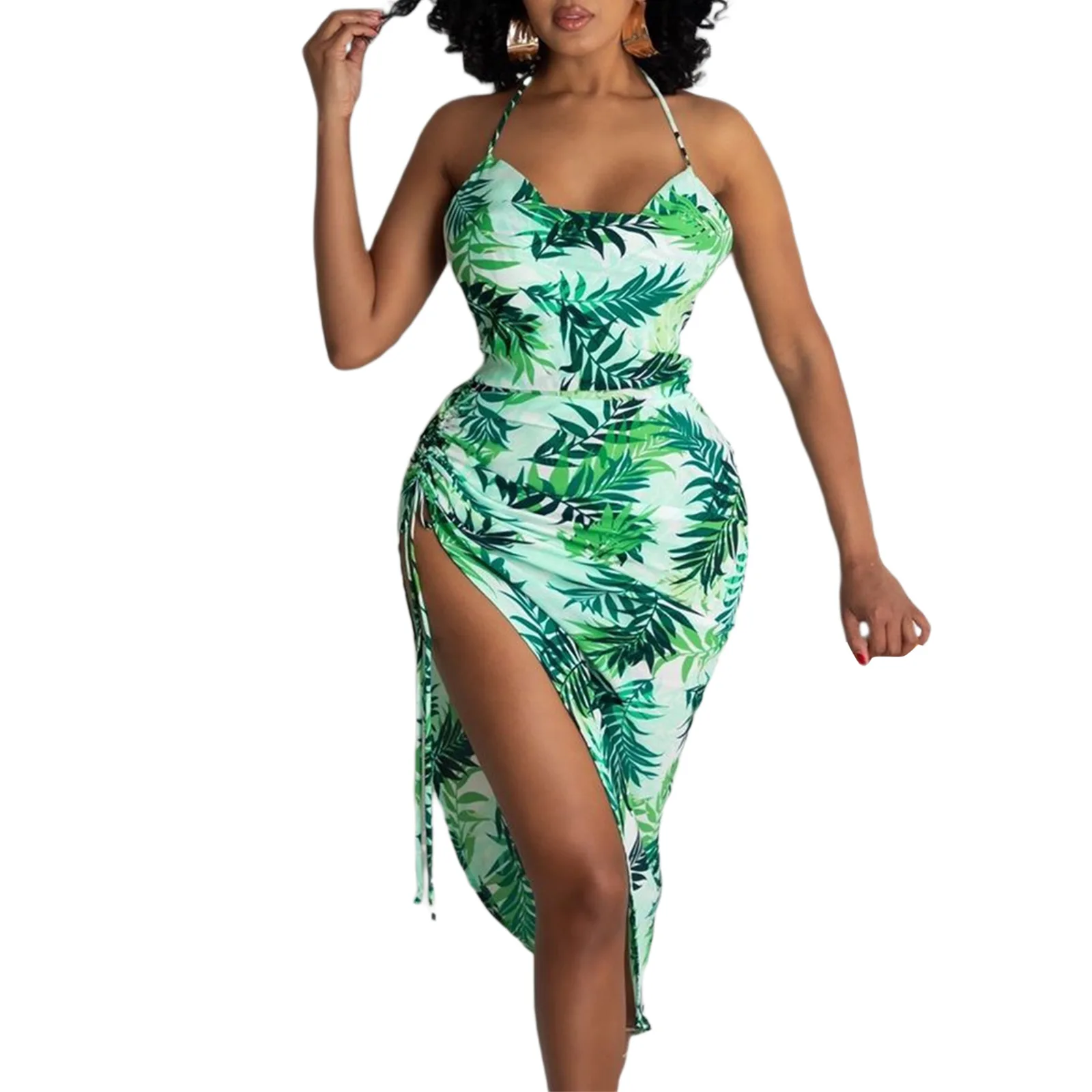 

Женское плиссированное платье с разрезом, открытой спиной и цветочным принтом