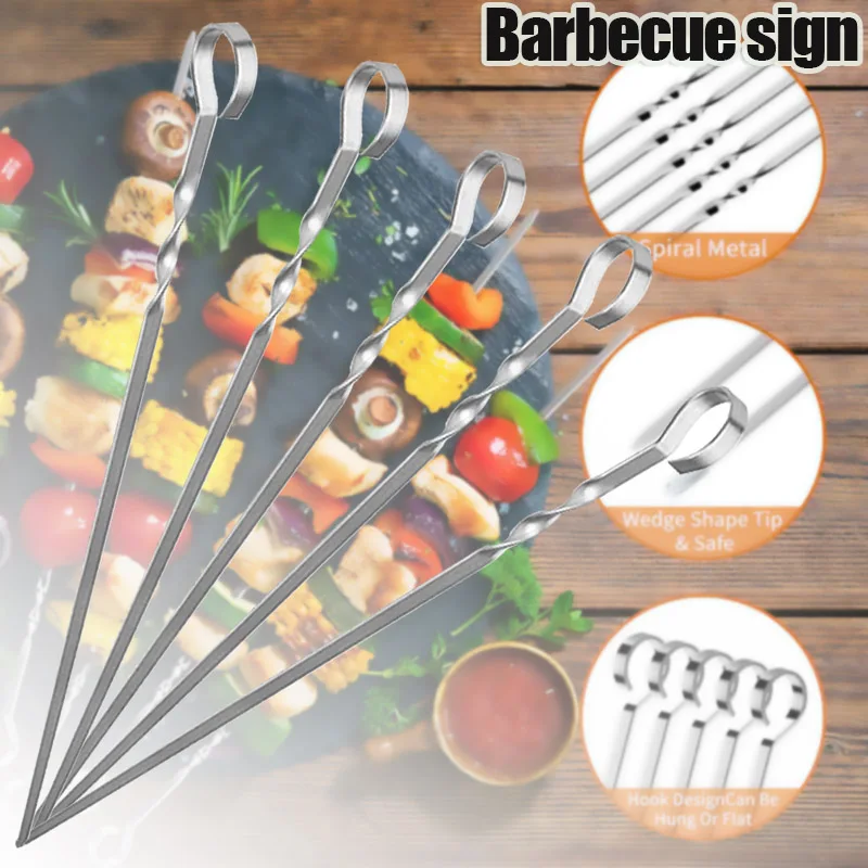 

Newly Stainless Steel Skewer Sticks Flat Reusable Thickened Household Barbecue Tools Party Essentials