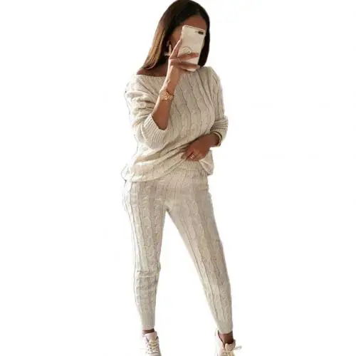 New Women Autumn Winter Warm Two Piece Set Knit Outfit Sweater Jumpers Long Pants  Trousers Set - купить по выгодной цене | AliExpress