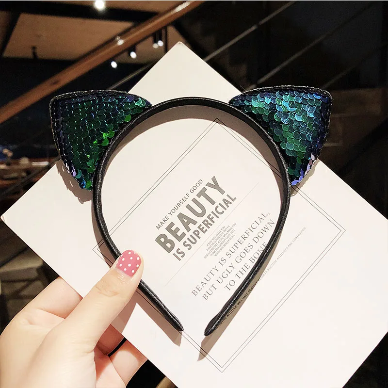 lake blue cat ears Новые милые разноцветные Блестки для девочек с бантом и кошачьими ушками, ободки для волос, прекрасный орнамент для волос, праздничный обруч, модные детские аксессуары для волос - Цвет: lake blue cat ears