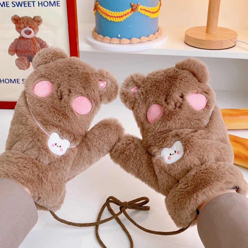 

Женские зимние вязаные перчатки 1 пара, теплые плотные перчатки для осени и зимы, уличные перчатки с милым мультяшным рисунком