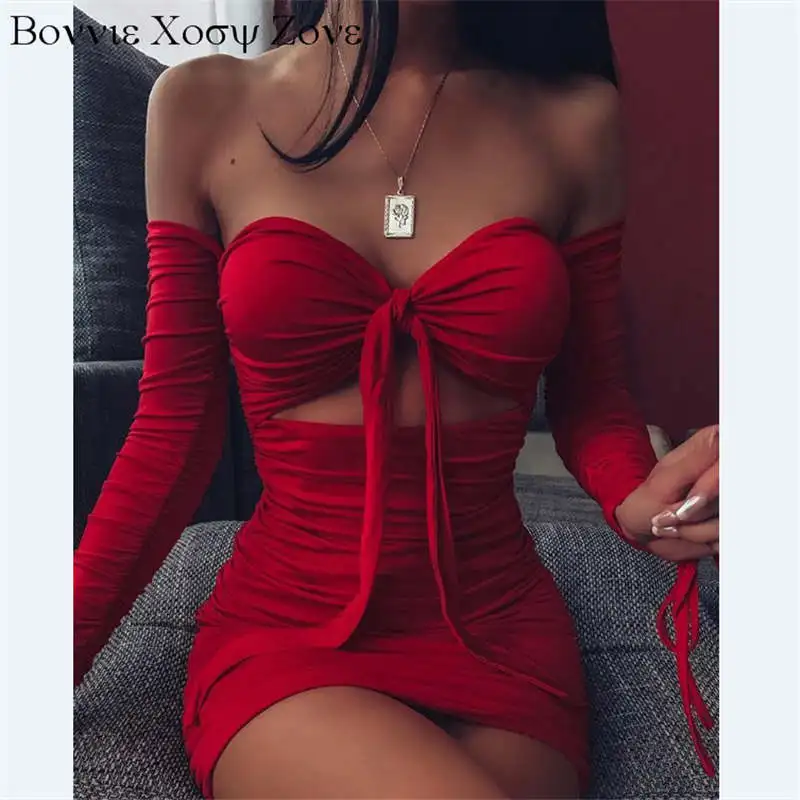 

Dress For Women Solid Sweetheart Neck Long Sleeve Bust Tie Bodycon Ruched Dress