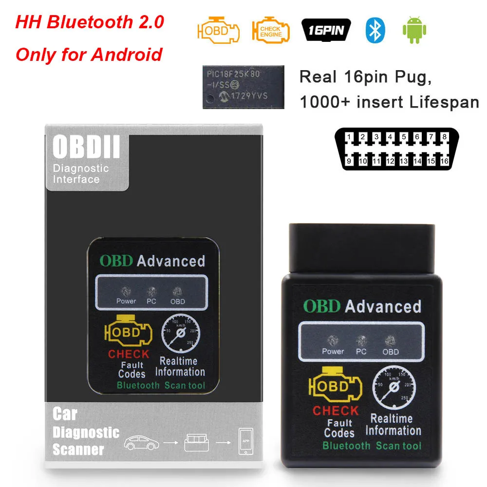 ELM 327 V1.5 PIC18F25K80 OBD2 wifi Bluetooth сканер OBD OBD2 автомобильный диагностический инструмент elm327 V1.5 odb2 сканер для Android/IOS - Цвет: Bluetooth 2.0 HH