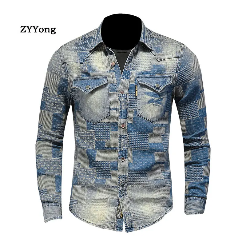 2021 Spring Jeans Shirt Men Denim Shirts 100% Cotton Lapel Long Sleeve Slim Lattice Casual Moto Light Blue Cowboy Thin Coat