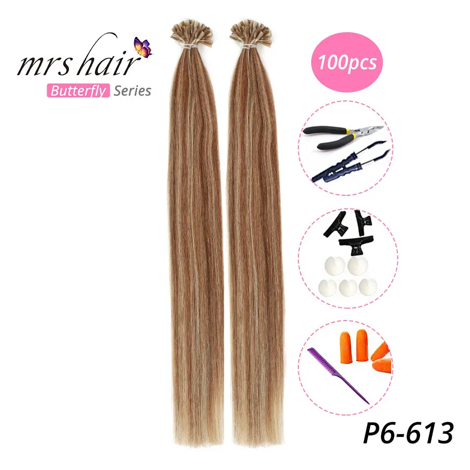 MRS HAIR, 1 г/шт., 14 дюймов, 16 дюймов, 20 дюймов, 24 дюйма, накладные волосы, прямые волосы Remy Nail, кератиновые человеческие волосы, 50 шт - Цвет: KUTP6-613-100