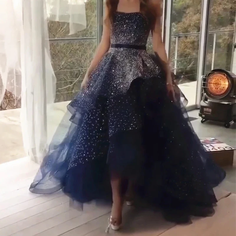 Блестящие платья темно-синего цвета расшитые бисером Бальные пышное без