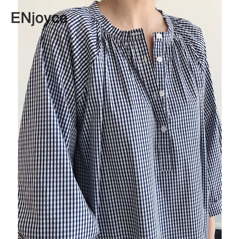 

Women Elegant Plaid Lantern Sleeve Maxi Dress Korean Style Casual Single Breasted Loose A-line Long Shirt Dresses Summer 2021