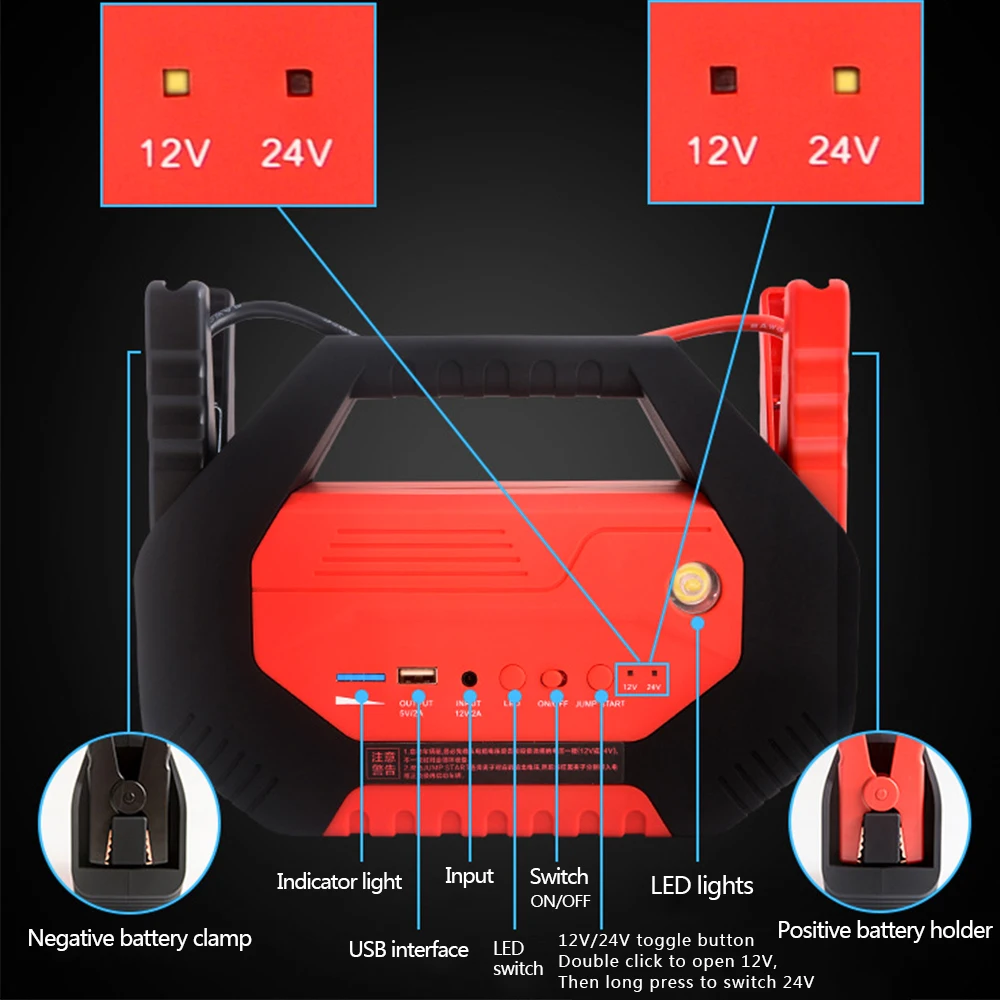 Умный Портативный 12V 24V усилитель батареи DC зарядное устройство 24000mah стартер