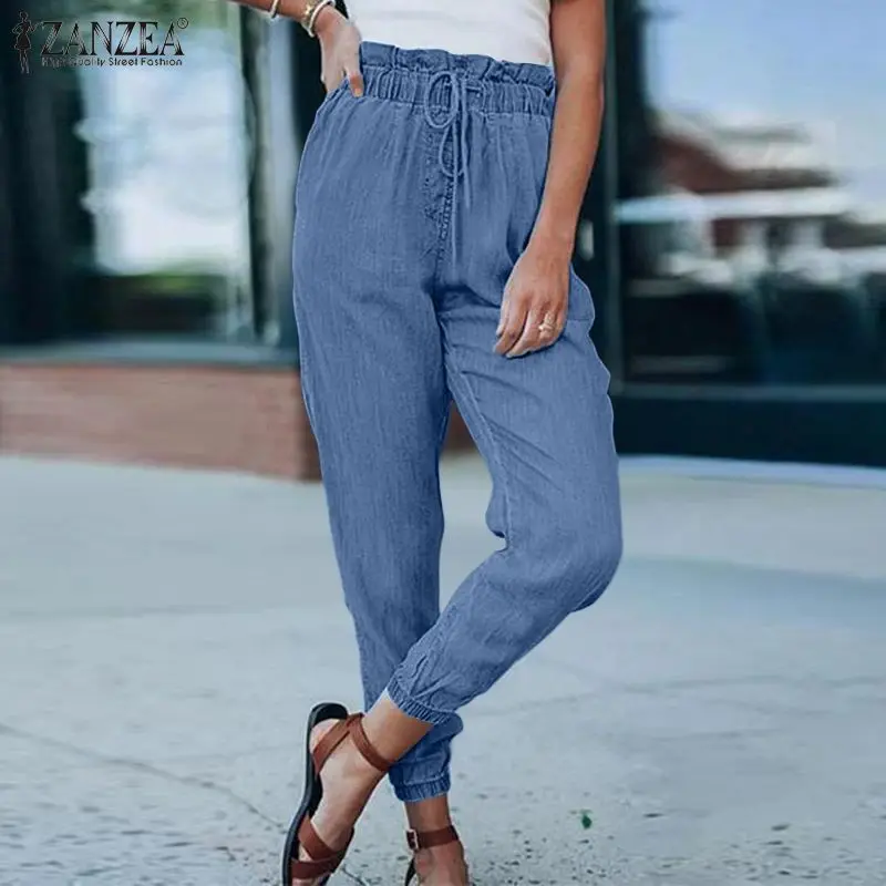 

Oversized ZANZEA 2022 Fashion Denim Pants Autumn Women Elastic Waist Solid Casual Pantalon Turnip Palazzo Long Pencil Trousers