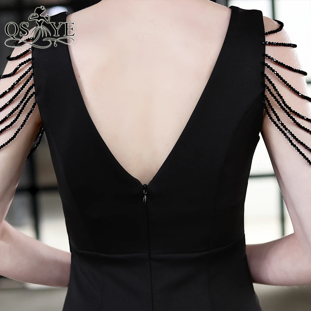 

Beading Straps Prom Dress Stretch Ruffles Black Evening Dress V Neck Formal Party Gown Split Bridesmaid Dress Ruched Prom Gown