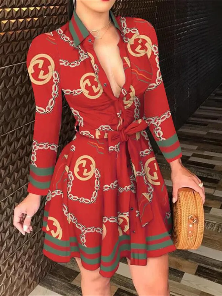 

2021 New Trend Autumn Hot Sale Long-Sleeve V-Neck Waist Belt Fashion Sexy Printed Harajuku Street Style Floral Short Dress Women