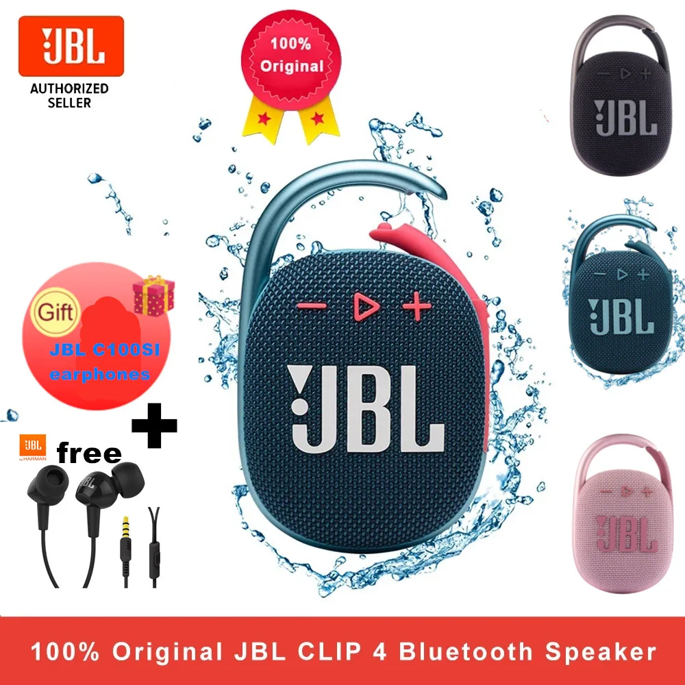 

Оригинальные беспроводные Bluetooth-Колонки JBL CLIP 4, IPX67, водонепроницаемые уличные басовые колонки с крючком + Бесплатные наушники JBL c100si