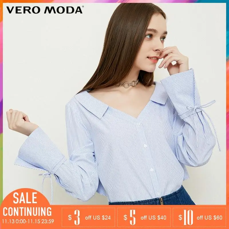 Vero Moda 2019 Весна Лето Новая женская рубашка с отложным воротником в полоску