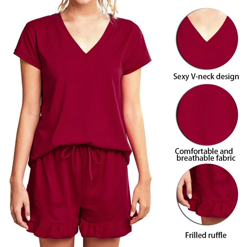 

CALOFE New Cute Pajimas For Women Solid Sleepwear Pajama Set 2021 Summer Short Sleeve Nightgown Ladies Plus Size Nightwear